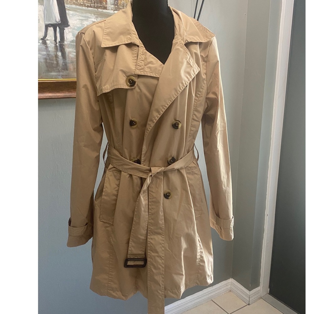Harve Benard Womens Tan Double Breasted Belted Trench Coat Large HB12002